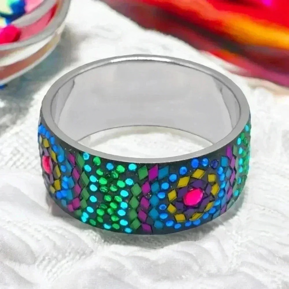 Y2K Artisan Handmade One-of-a-Kind Crystals & Rhinestones Mosaic Bangle Bracelet - Picture 6 of 13